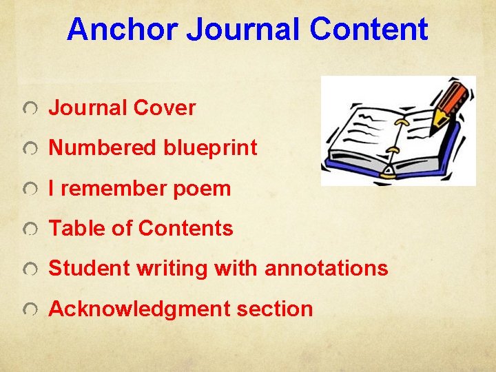 Anchor Journal Content Journal Cover Numbered blueprint I remember poem Table of Contents Student