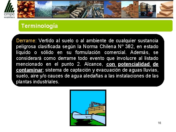 Terminología Derrame: Vertido al suelo o al ambiente de cualquier sustancia peligrosa clasificada según