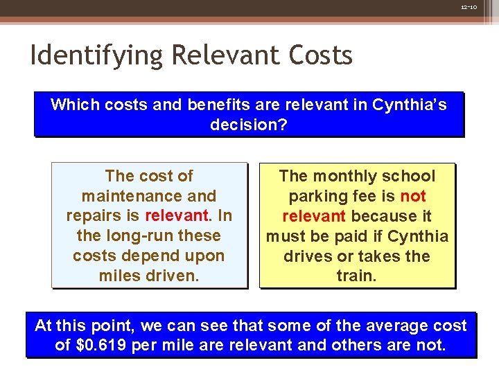12 -10 Identifying Relevant Costs Which costs and benefits are relevant in Cynthia’s decision? 12 -10 Identifying Relevant Costs Which costs and benefits are relevant in Cynthia’s decision?