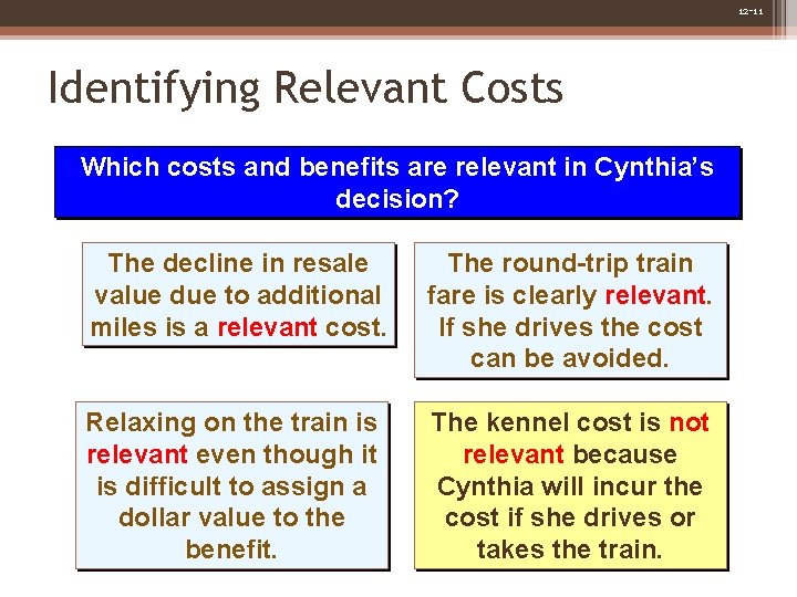 12 -11 Identifying Relevant Costs Which costs and benefits are relevant in Cynthia’s decision? 12 -11 Identifying Relevant Costs Which costs and benefits are relevant in Cynthia’s decision?