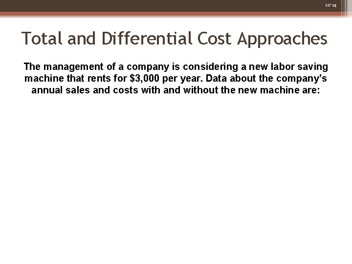 12 -14 Total and Differential Cost Approaches The management of a company is considering 12 -14 Total and Differential Cost Approaches The management of a company is considering