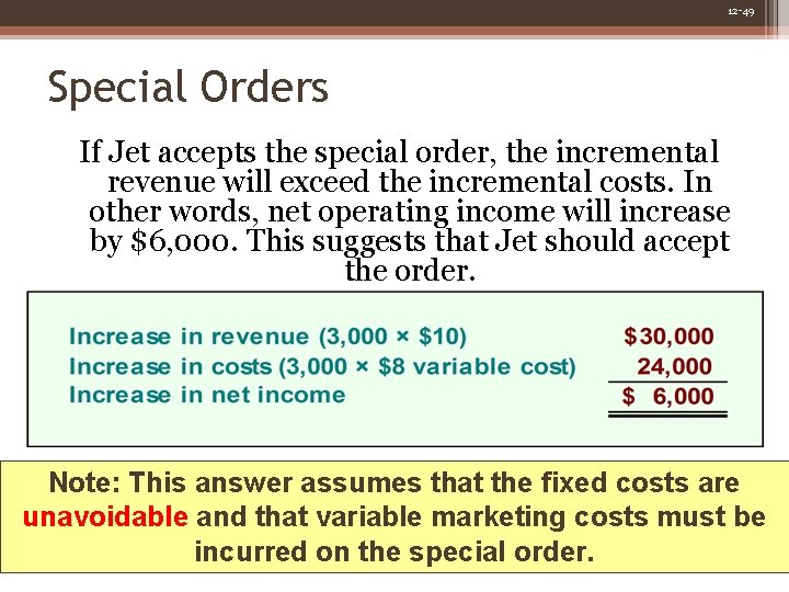 12 -49 Special Orders If Jet accepts the special order, the incremental revenue will 12 -49 Special Orders If Jet accepts the special order, the incremental revenue will
