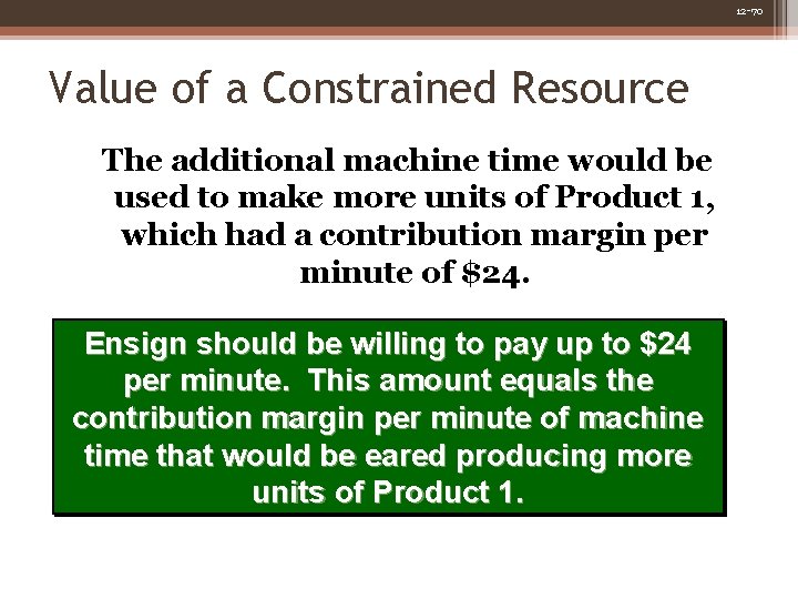 12 -70 Value of a Constrained Resource The additional machine time would be used 12 -70 Value of a Constrained Resource The additional machine time would be used