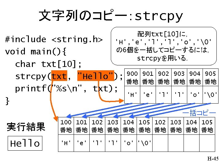 文字列のコピー：strcpy 配列txt[10]に， 'H', 'e', 'l', 'o', '�' の 6個を一括してコピーするには， strcpyを用いる． #include <string. h> void