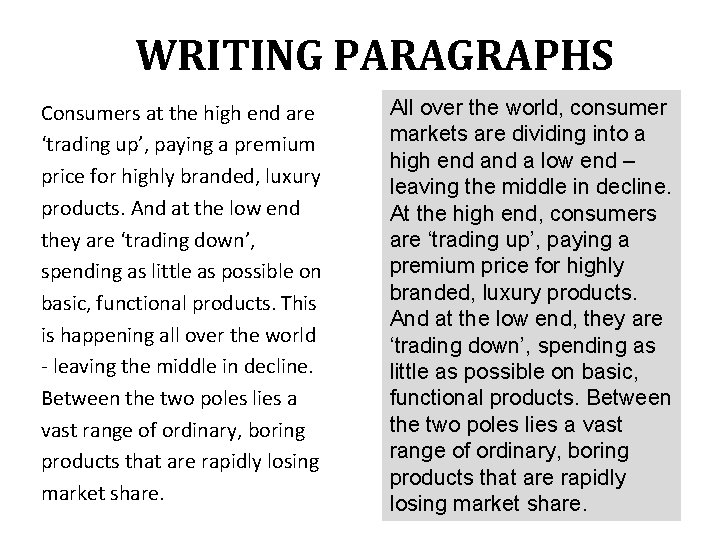 WRITING PARAGRAPHS Consumers at the high end are ‘trading up’, paying a premium price