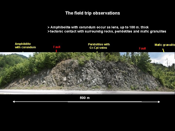The field trip observations Ø Amphibolite with corundum occur as lens, up to 100