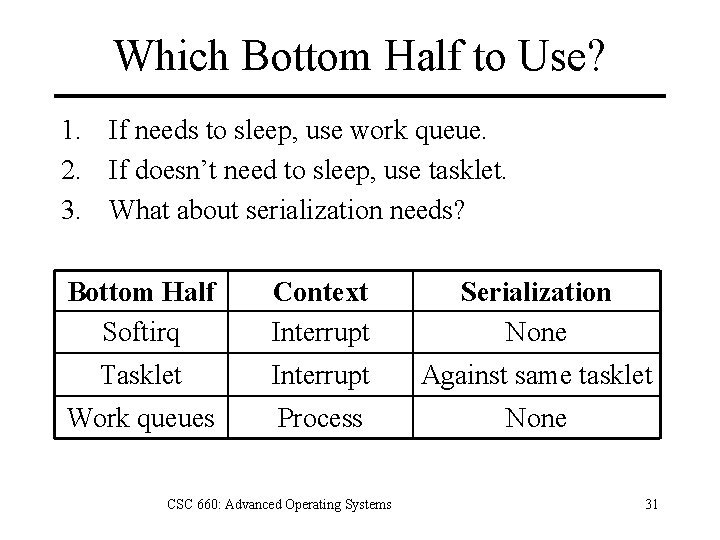 Which Bottom Half to Use? 1. If needs to sleep, use work queue. 2.