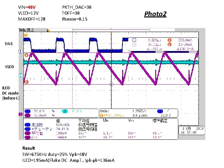 VIN=48 V　　　　PKTH_DAC=30 VLED=12 V　　　　　　　TOFF=30 MAXOFF=128　　　　　Rsense=0. 15 SW 1 VLED ILED DC mode (Before L）