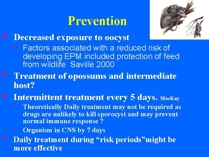 Prevention • • Decreased exposure to oocyst – Factors associated with a reduced risk