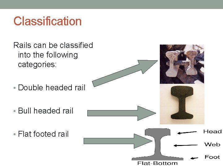 Classification Rails can be classified into the following categories: • Double headed rail •