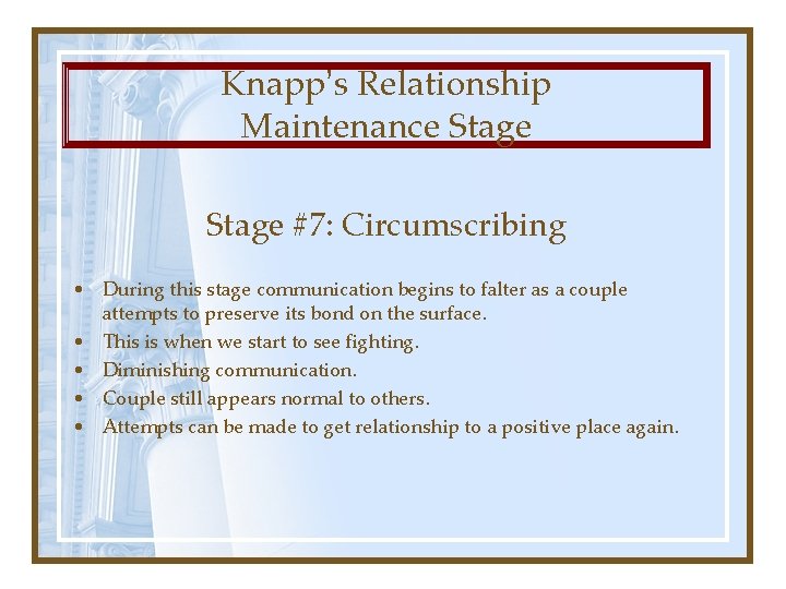 Knapp’s Relationship Maintenance Stage #7: Circumscribing • During this stage communication begins to falter