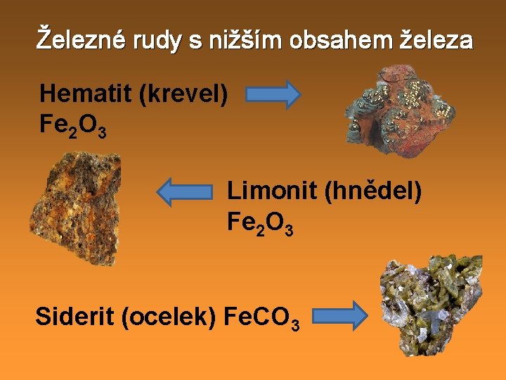 Železné rudy s nižším obsahem železa Hematit (krevel) Fe 2 O 3 Limonit (hnědel)