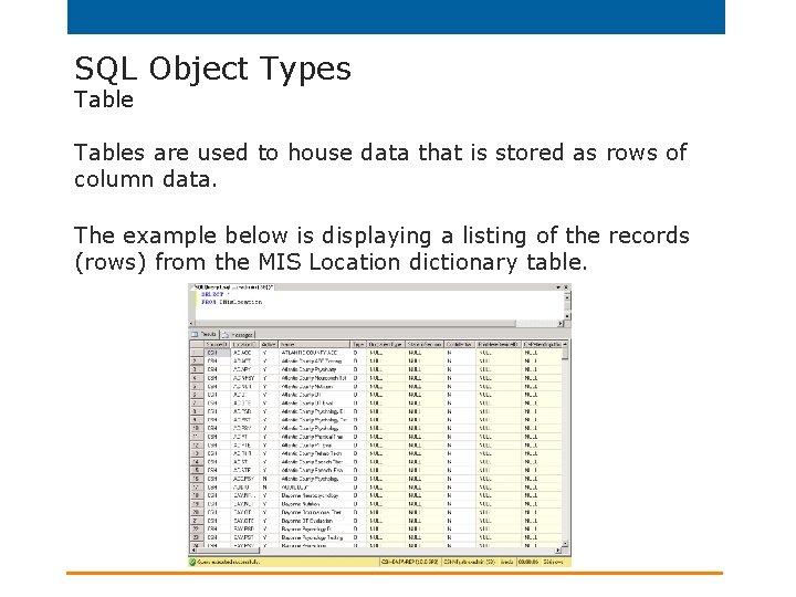 SQL Object Types Tables are used to house data that is stored as rows