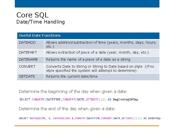 Core SQL Date/Time Handling Useful Date Functions DATEADD Allows addition/subtraction of time (years, months,