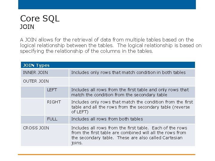 Core SQL JOIN A JOIN allows for the retrieval of data from multiple tables