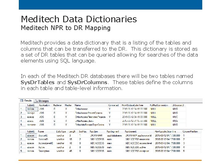 Meditech Data Dictionaries Meditech NPR to DR Mapping Meditech provides a data dictionary that