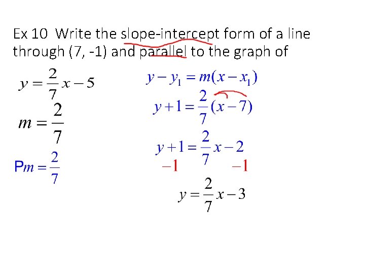 Ex 10 Write the slope-intercept form of a line through (7, -1) and parallel
