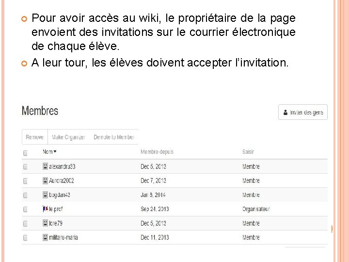 Pour avoir accès au wiki, le propriétaire de la page envoient des invitations sur