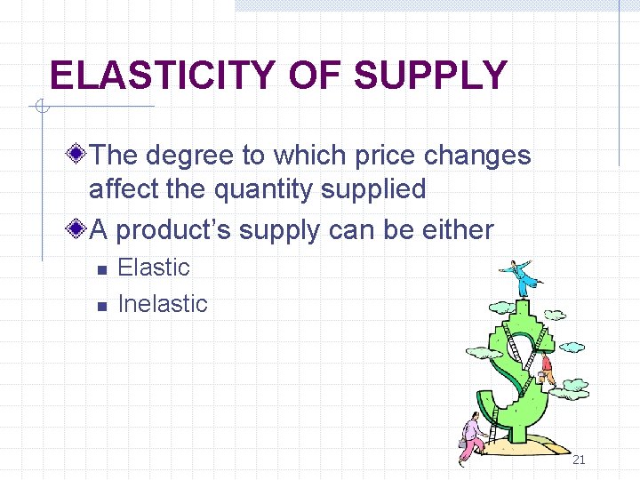 ELASTICITY OF SUPPLY The degree to which price changes affect the quantity supplied A