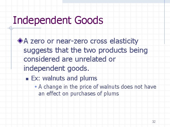Independent Goods A zero or near-zero cross elasticity suggests that the two products being