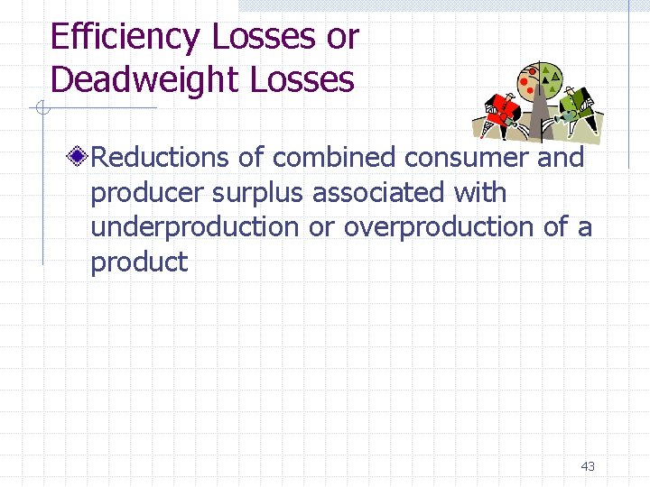 Efficiency Losses or Deadweight Losses Reductions of combined consumer and producer surplus associated with