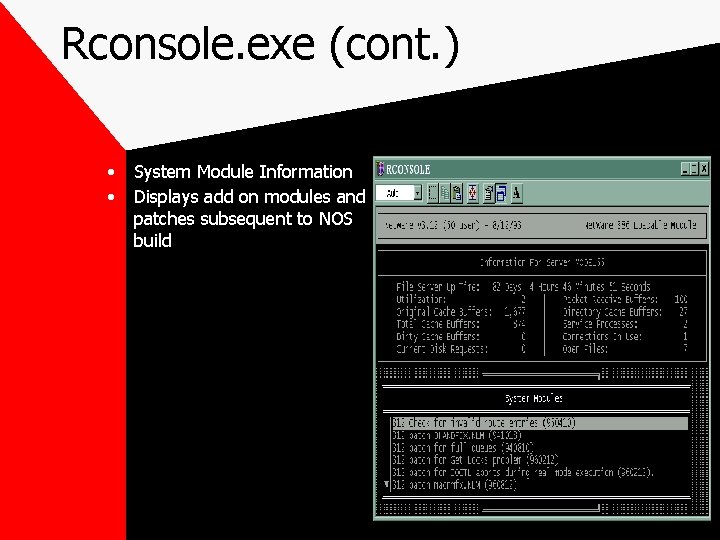 Rconsole. exe (cont. ) • • System Module Information Displays add on modules and