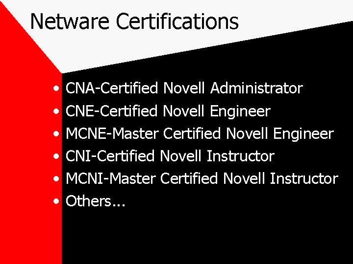 Netware Certifications • • • CNA-Certified Novell Administrator CNE-Certified Novell Engineer MCNE-Master Certified Novell