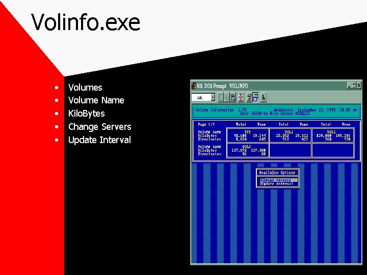 Volinfo. exe • • • Volumes Volume Name Kilo. Bytes Change Servers Update Interval