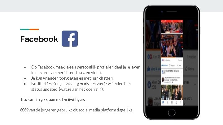 Facebook ● ● ● Op Facebook maak je een persoonlijk profiel en deel je Facebook ● ● ● Op Facebook maak je een persoonlijk profiel en deel je