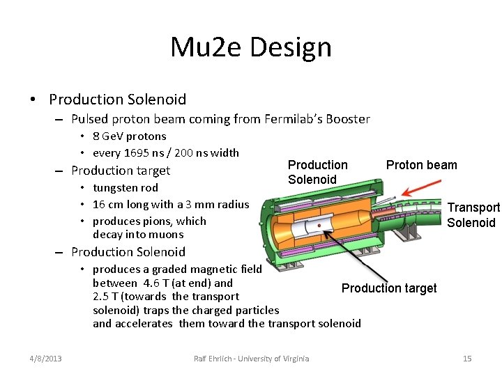 Mu 2 e Design • Production Solenoid – Pulsed proton beam coming from Fermilab’s Mu 2 e Design • Production Solenoid – Pulsed proton beam coming from Fermilab’s