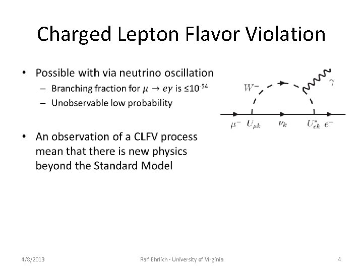 Charged Lepton Flavor Violation • 4/8/2013 Ralf Ehrlich - University of Virginia 4 Charged Lepton Flavor Violation • 4/8/2013 Ralf Ehrlich - University of Virginia 4