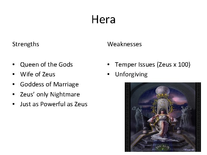 Hera Strengths • • • Queen of the Gods Wife of Zeus Goddess of