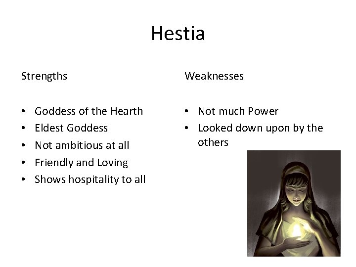 Hestia Strengths • • • Goddess of the Hearth Eldest Goddess Not ambitious at