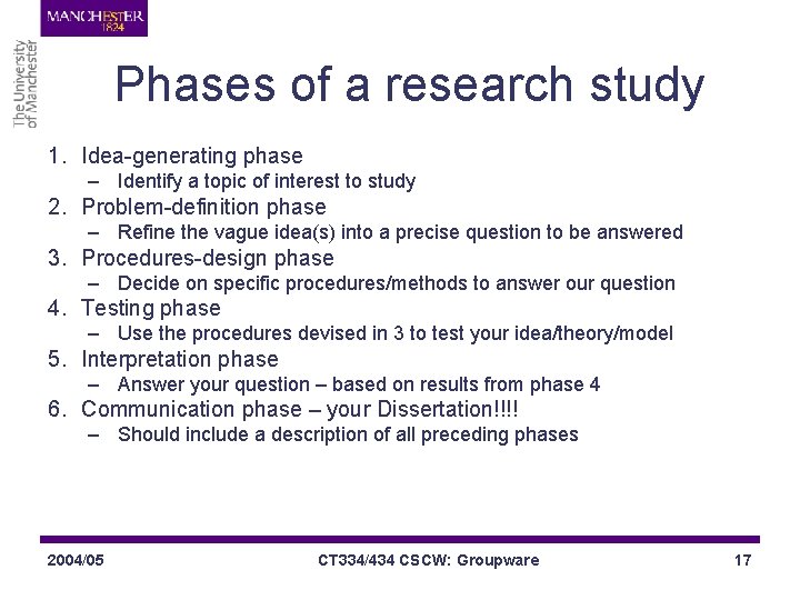 Phases of a research study 1. Idea-generating phase – Identify a topic of interest