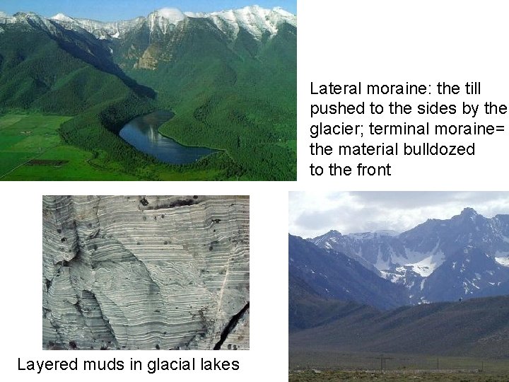 Lateral moraine: the till pushed to the sides by the glacier; terminal moraine= the