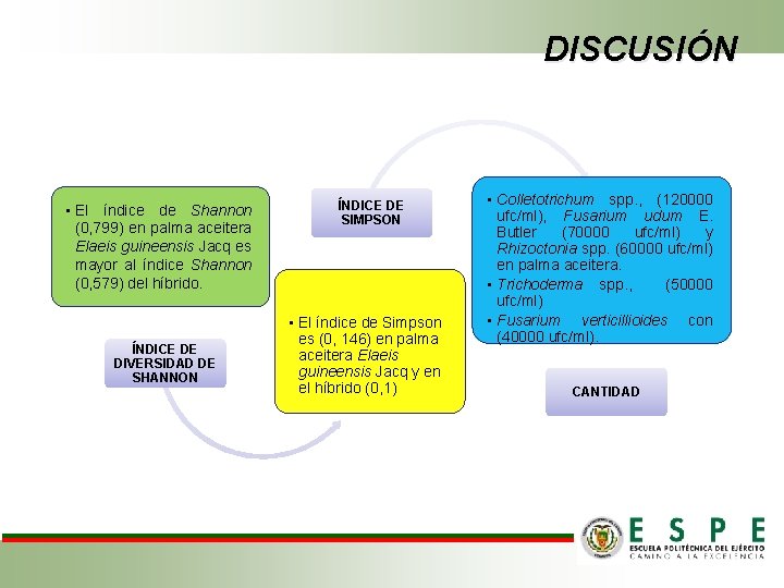 DISCUSIÓN • El índice de Shannon (0, 799) en palma aceitera Elaeis guineensis Jacq