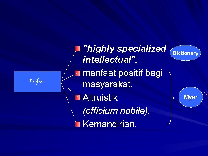 Profesi "highly specialized intellectual". manfaat positif bagi masyarakat. Altruistik (officium nobile). Kemandirian. Dictionary Myer