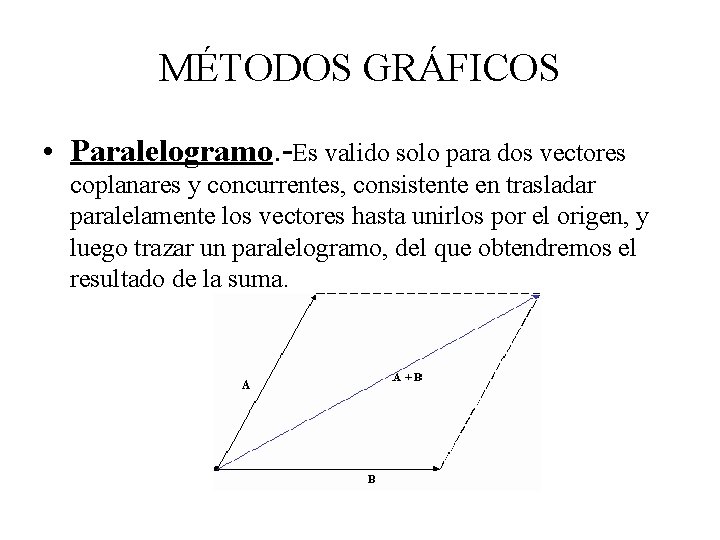 MÉTODOS GRÁFICOS • Paralelogramo. -Es valido solo para dos vectores coplanares y concurrentes, consistente MÉTODOS GRÁFICOS • Paralelogramo. -Es valido solo para dos vectores coplanares y concurrentes, consistente