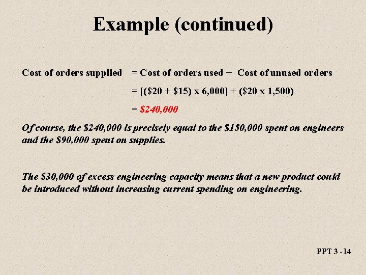 Example (continued) Cost of orders supplied = Cost of orders used + Cost of