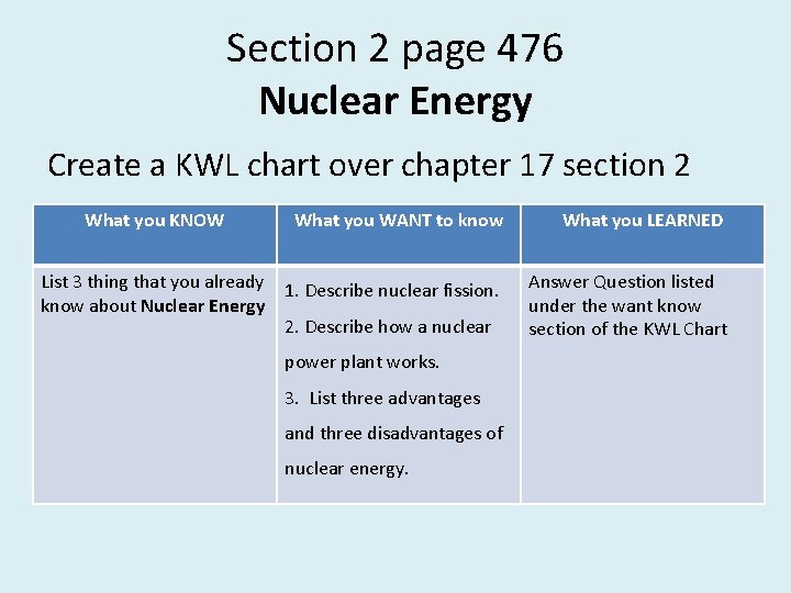 Section 2 page 476 Nuclear Energy Create a KWL chart over chapter 17 section