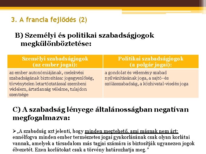 3. A francia fejlődés (2) B) Személyi és politikai szabadságjogok megkülönböztetése: Személyi szabadságjogok (az