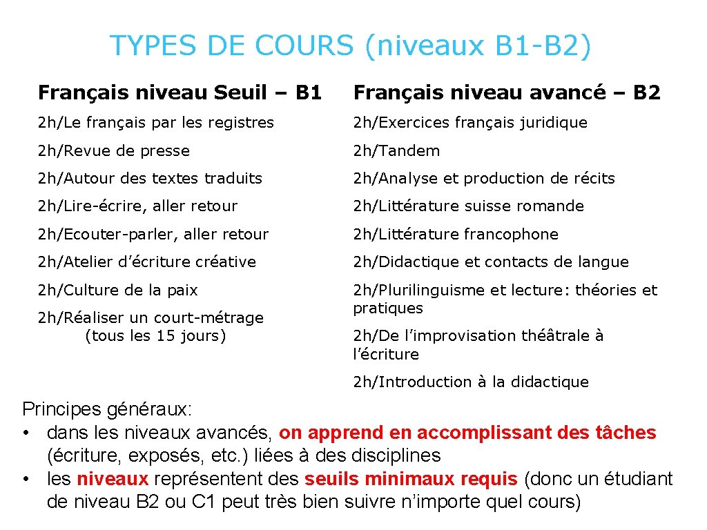 TYPES DE COURS (niveaux B 1 -B 2) Français niveau Seuil – B 1