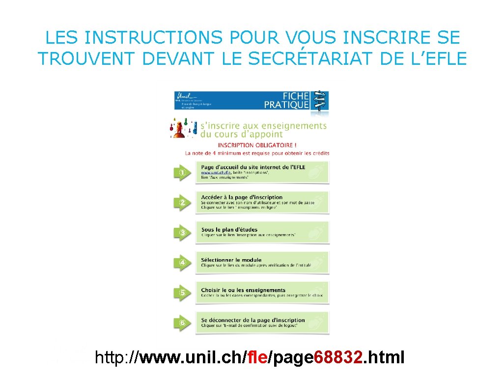 LES INSTRUCTIONS POUR VOUS INSCRIRE SE TROUVENT DEVANT LE SECRÉTARIAT DE L’EFLE http: //www.