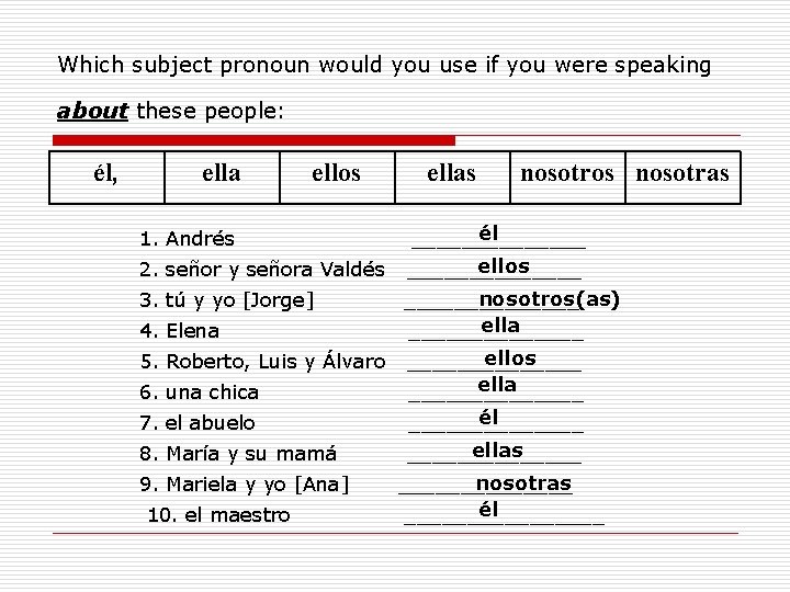 Which subject pronoun would you use if you were speaking about these people: él,