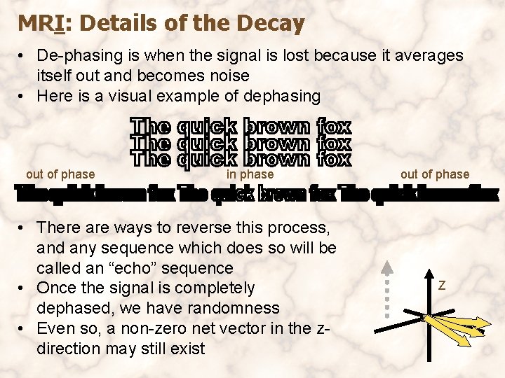 MRI: Details of the Decay • De-phasing is when the signal is lost because