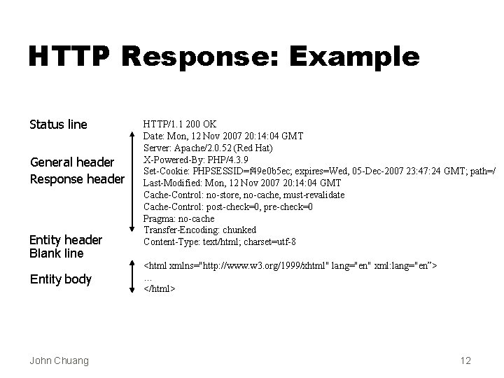 HTTP Response: Example Status line General header Response header Entity header Blank line Entity
