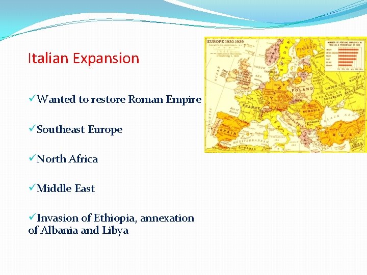 Italian Expansion üWanted to restore Roman Empire üSoutheast Europe üNorth Africa üMiddle East üInvasion