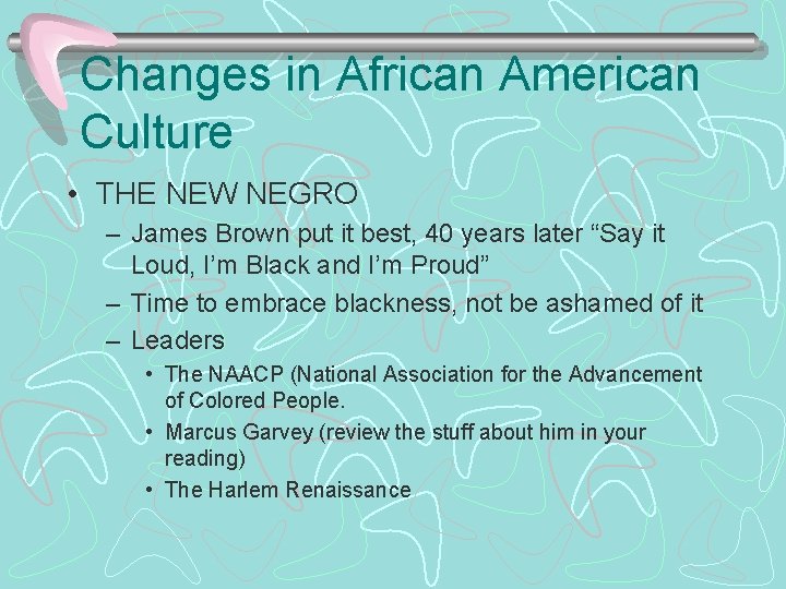 Changes in African American Culture • THE NEW NEGRO – James Brown put it