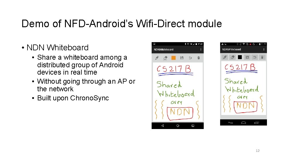Demo of NFD-Android’s Wifi-Direct module • NDN Whiteboard • Share a whiteboard among a Demo of NFD-Android’s Wifi-Direct module • NDN Whiteboard • Share a whiteboard among a