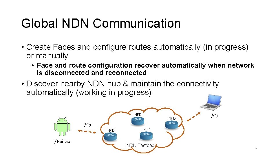 Global NDN Communication • Create Faces and configure routes automatically (in progress) or manually Global NDN Communication • Create Faces and configure routes automatically (in progress) or manually
